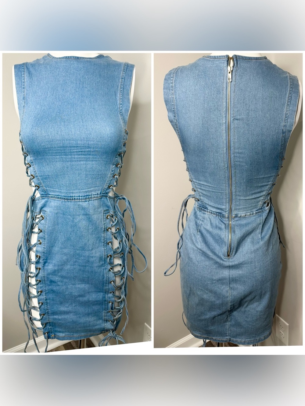 Miss8 Sleeveless Light Blue Denim Lace-Up Bodycon Dress-M